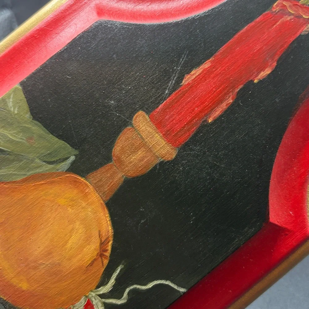 Vintage Hand Painted Artist Signed Wood Wall Shelf, Candle Strawberry Pear Motif